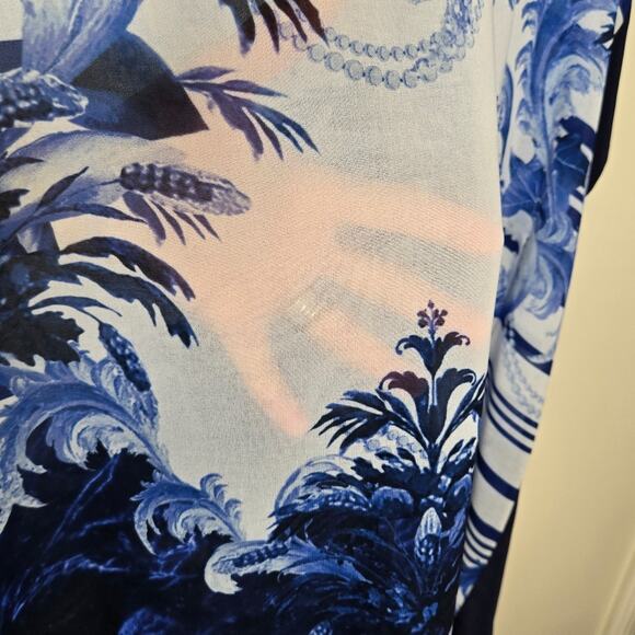 TED BAKER Sheer Blue & White Flowy Scarf Blouse Size Medium - Picture 6 of 8